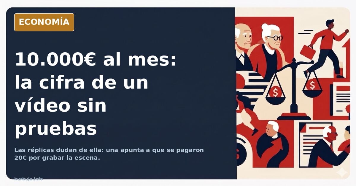 Gráficos y monedas sobre fondo azul marino que ilustran la cifra de 10.000 euros al mes mencionada en un vídeo