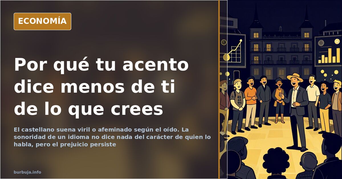 Ilustración editorial con gráficos y ondas de sonido que compara la percepción de distintos acentos y la sonoridad del idioma