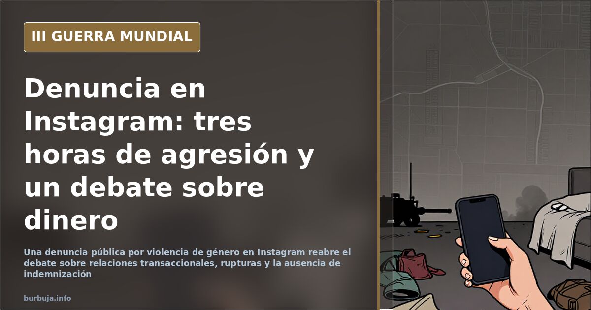 Ilustración documental desaturada con siluetas y mapas al fondo, evocando una denuncia por violencia de género difundida en I
