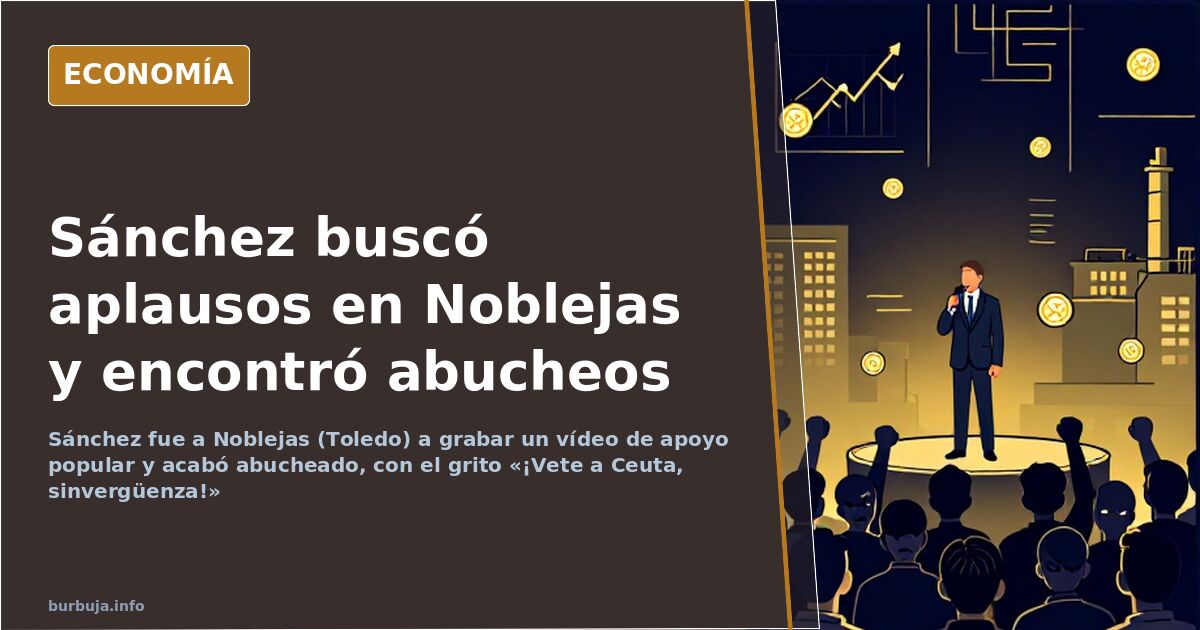Ilustración editorial de un atril vacío ante una plaza con pancartas y gráficos descendentes en azul marino y dorado