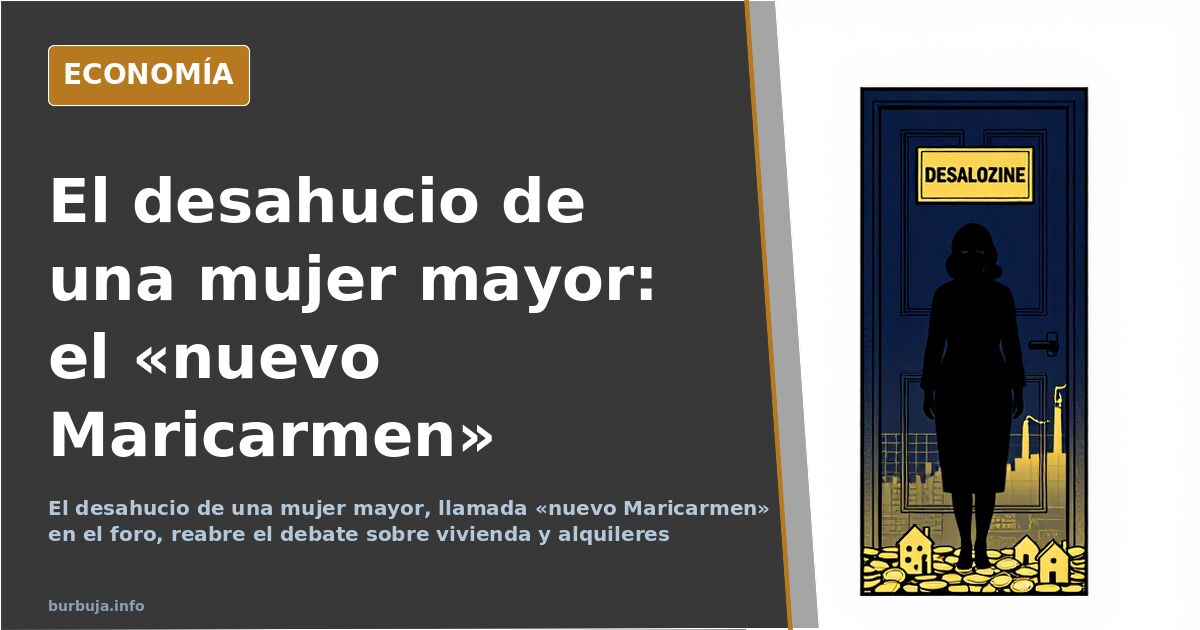 Ilustración editorial de una vivienda con gráficos de precios de alquiler y una figura mayor ante la puerta