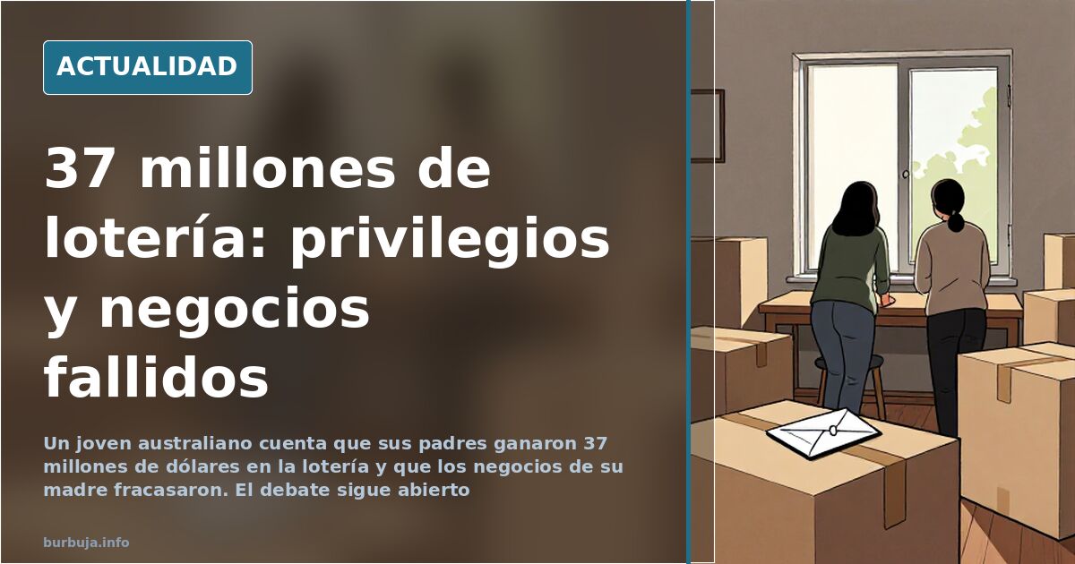 Ilustración editorial de una familia ante una casa con un billete de lotería gigante sobre la mesa