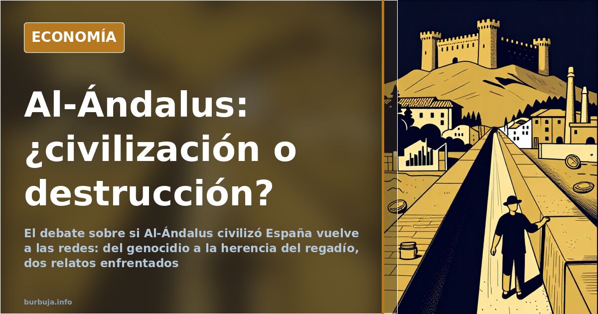 Mapa de la península ibérica junto a siluetas de ciudades romanas y acequias en una ilustración sobre Al-Ándalus
