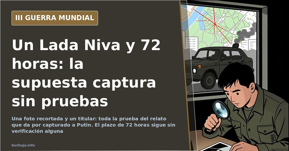 Ilustración de la supuesta captura de Putin: un todoterreno en la estepa siberiana con siluetas militares al fondo