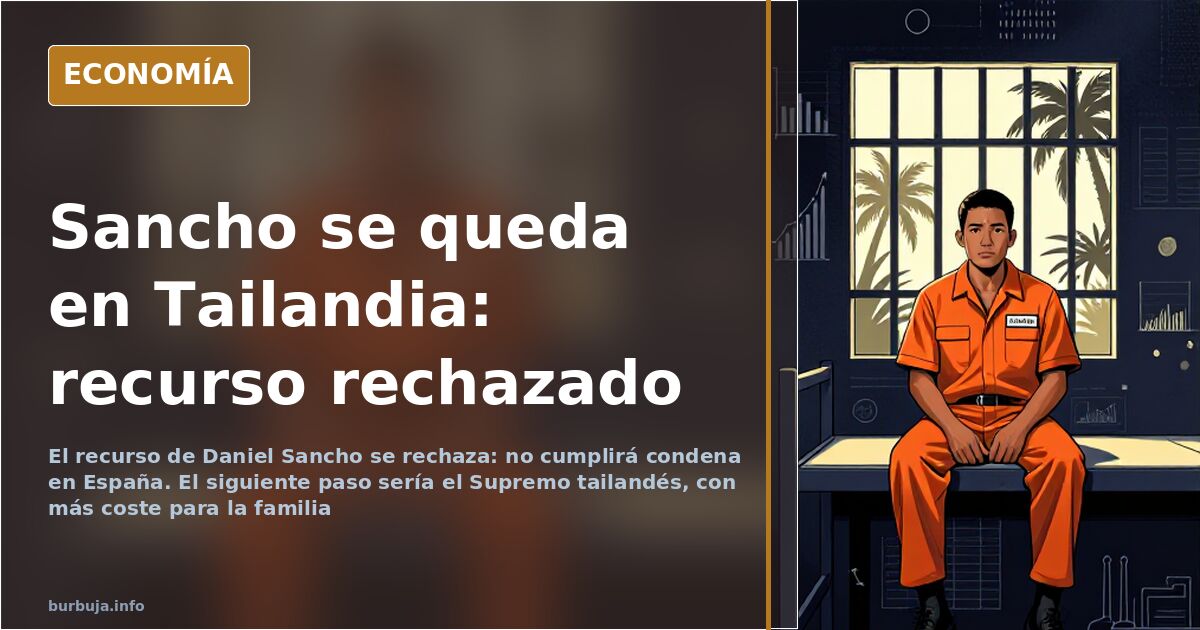 Ilustración editorial del recurso de Daniel Sancho rechazado, con sellos judiciales, balanza y gráficos en azul marino y dora
