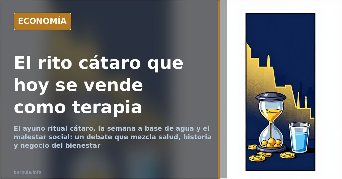 Balanza editorial entre un cáliz y una cesta de alimentos, símbolos del ayuno cátaro y su transformación en negocio de la sal
