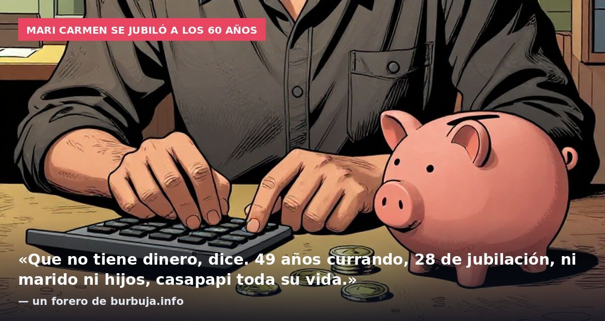 Mari Carmen se jubiló a los 60 años: «Que no tiene dinero, dice. 49 años currando, 28 de jubilación, ni marido ni hijos, casapapi toda su vida.» — un forero de burbuja.info