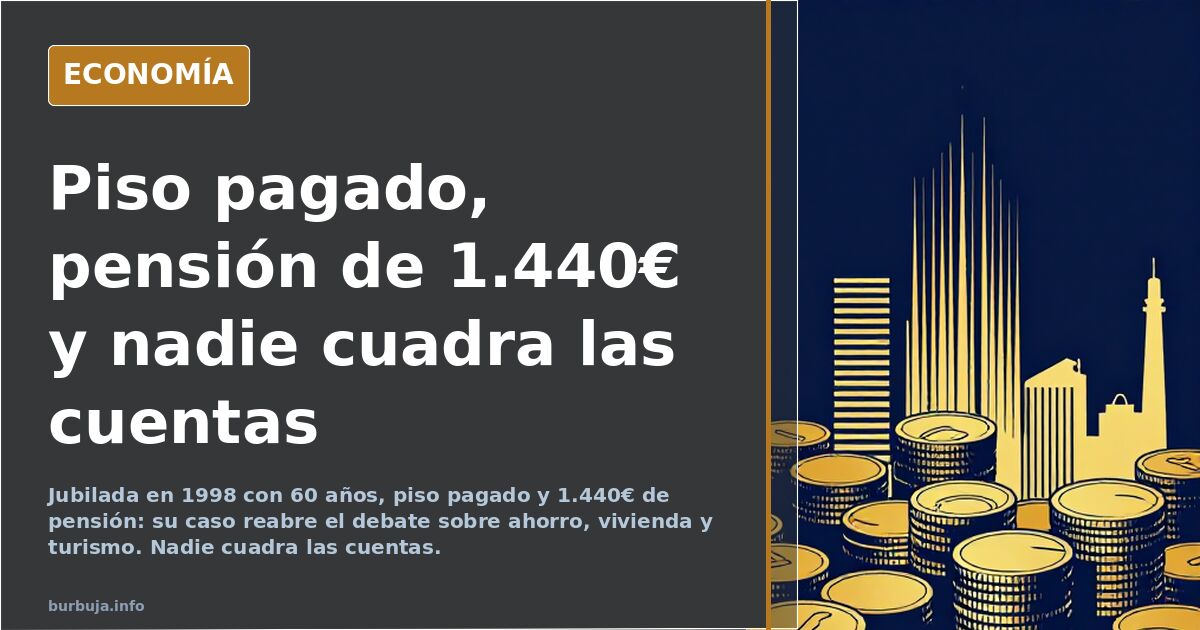 Edificio antiguo de viviendas junto a gráficos financieros y monedas, ilustrando el desahucio y la pensión de Mari Carmen