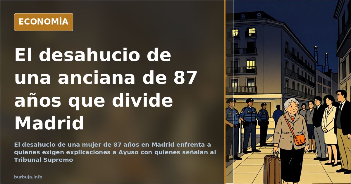 Ilustración editorial de un bloque de viviendas madrileño con un contrato de alquiler roto sobre gráficos de desahucios en az