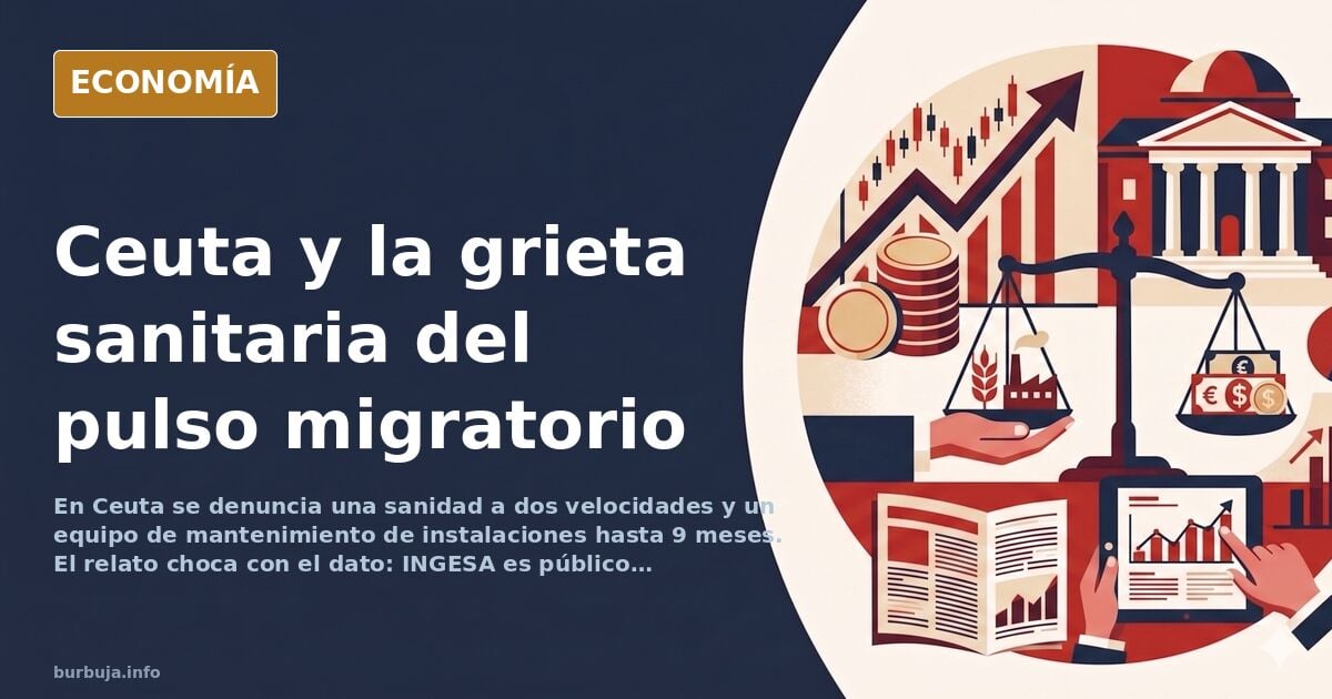 Ilustración editorial sobre la sanidad en Ceuta con gráficos y siluetas de edificios públicos en azul marino y dorado