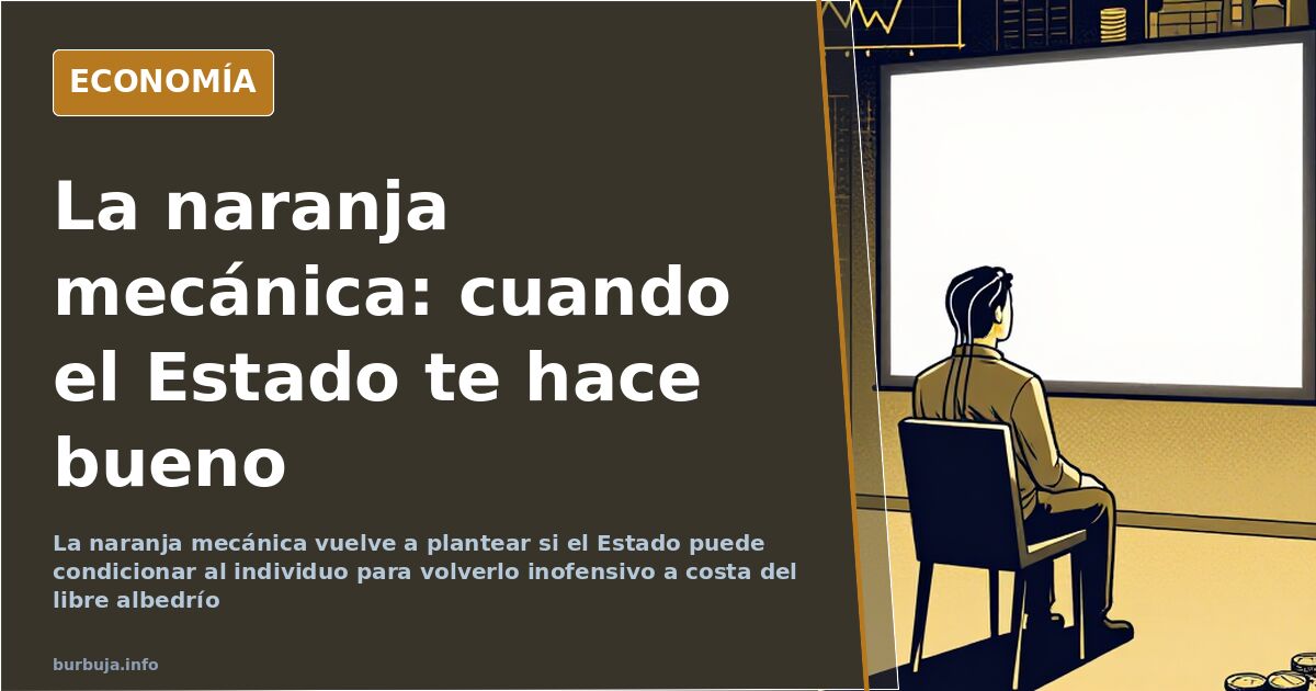Ilustración editorial sobre La naranja mecánica con un reloj, un vaso de leche y engranajes que representan la libertad indiv