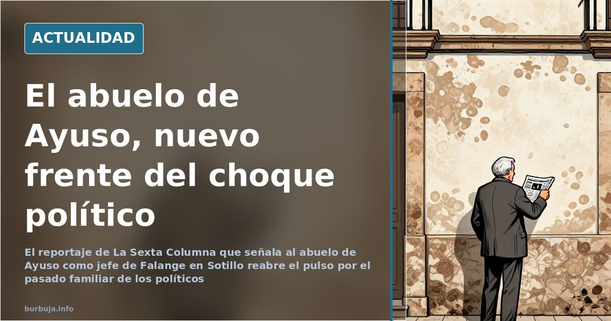Ilustración editorial en tonos neutros de un pueblo castellano y un hombre mayor, contexto del debate sobre el abuelo de Ayus