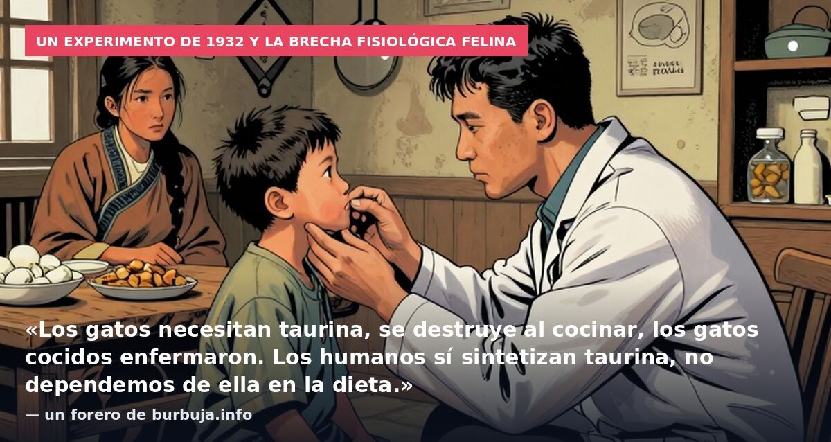 Un experimento de 1932 y la brecha fisiológica felina: «Los gatos necesitan taurina, se destruye al cocinar, los gatos cocidos enfermaron. Los humanos sí sintetizan taurina, no dependemos de ella en la dieta.» — un forero de burbuja.info