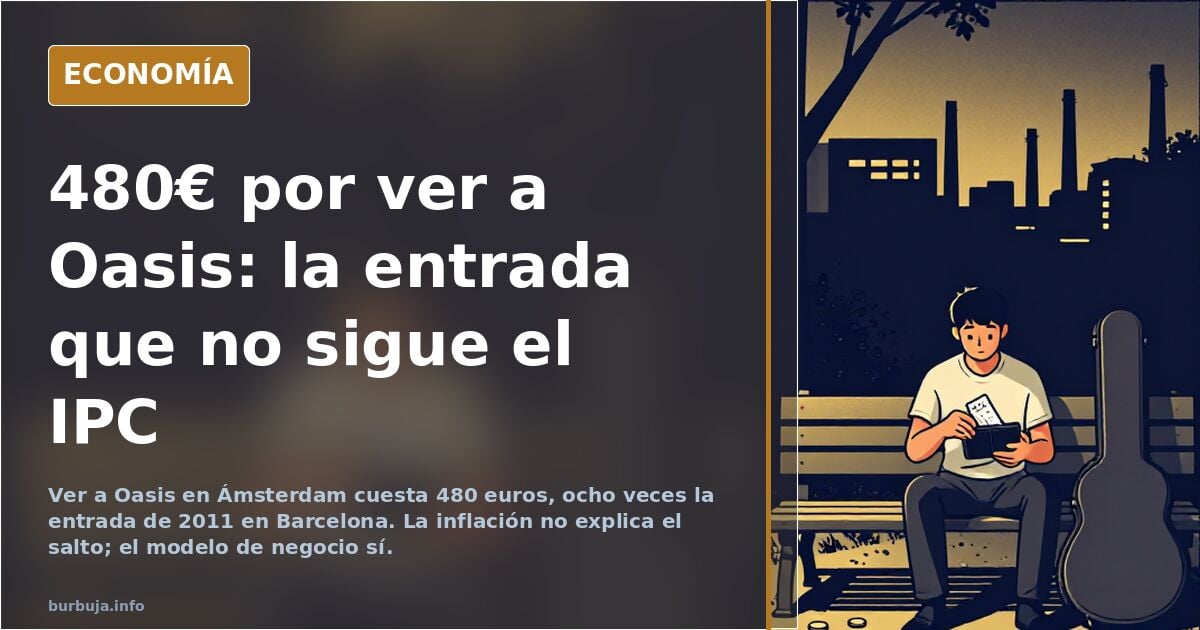 Ilustración editorial con una curva creciente de precios de entradas de conciertos frente a la silueta de un estadio