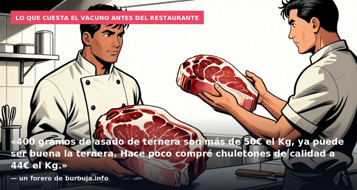 Lo que cuesta el vacuno antes del restaurante: «400 gramos de asado de ternera son más de 50€ el Kg, ya puede ser buena la ternera. Hace poco compré chuletones de calidad a 44€ el Kg.» — un forero de burbuja.info