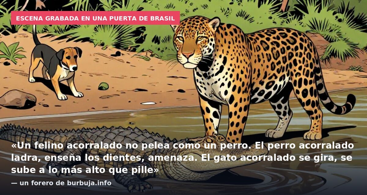 Escena grabada en una puerta de Brasil: «Un felino acorralado no pelea como un perro. El perro acorralado ladra, enseña los dientes, amenaza. El gato acorralado se gira, se sube a lo más alto que pille» — un forero de burbuja.info