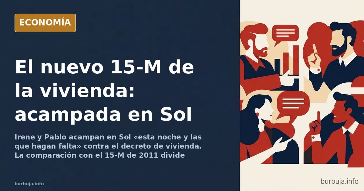 Ilustración editorial de una acampada urbana con tiendas de campaña frente a edificios y gráficos de precios de alquiler al f