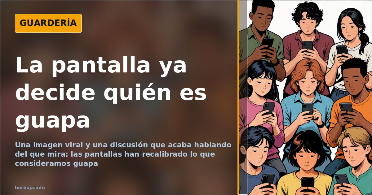 Ilustración de alguien mirando el móvil mientras por la calle pasa gente, contraste entre la belleza de pantalla y la real