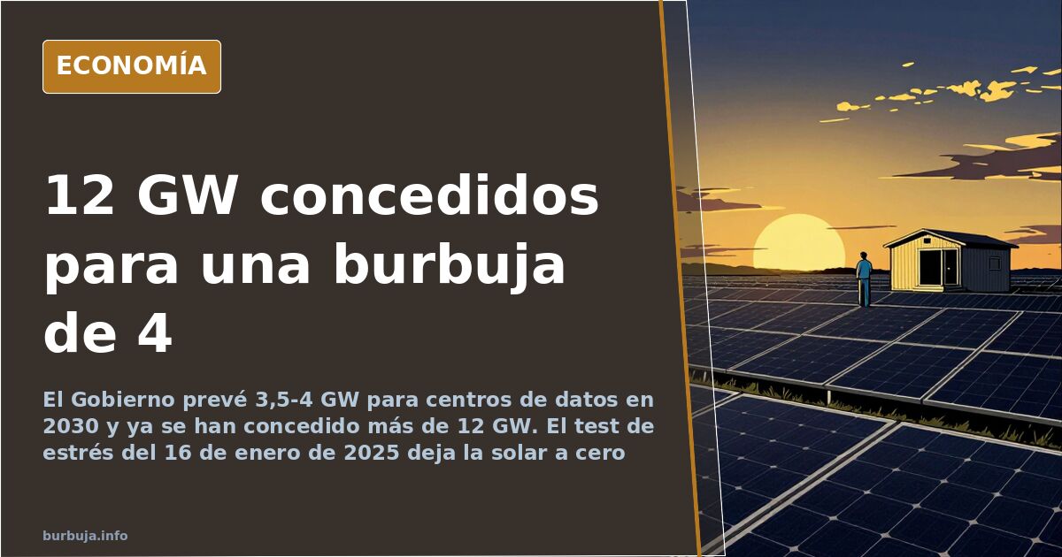 Ilustración editorial de una torre eléctrica conectada a un centro de datos con cifras de gigavatios