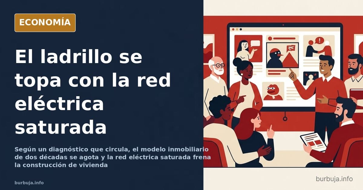 Ilustración editorial de una grúa detenida junto a una torre eléctrica saturada en una ciudad española