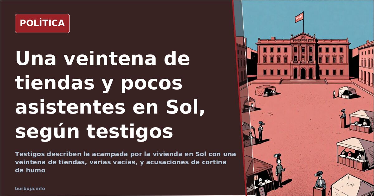 Tiendas de campaña dispersas en una plaza vacía junto a un edificio oficial, ilustración editorial sobre la acampada de Sol p