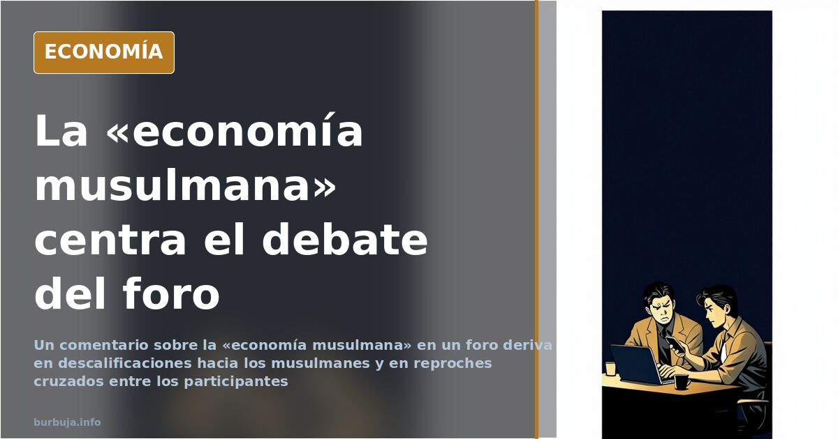 Ilustración editorial sobre el debate en torno a la «economía musulmana», con balanzas en tonos azul marino y dorado
