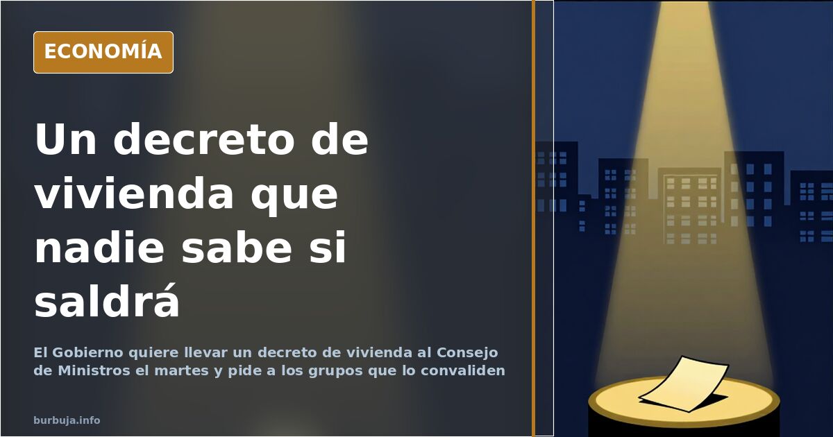 Documento sobre un atril y fachadas de edificios de vivienda al fondo bajo luz fría, en la espera del decreto de vivienda