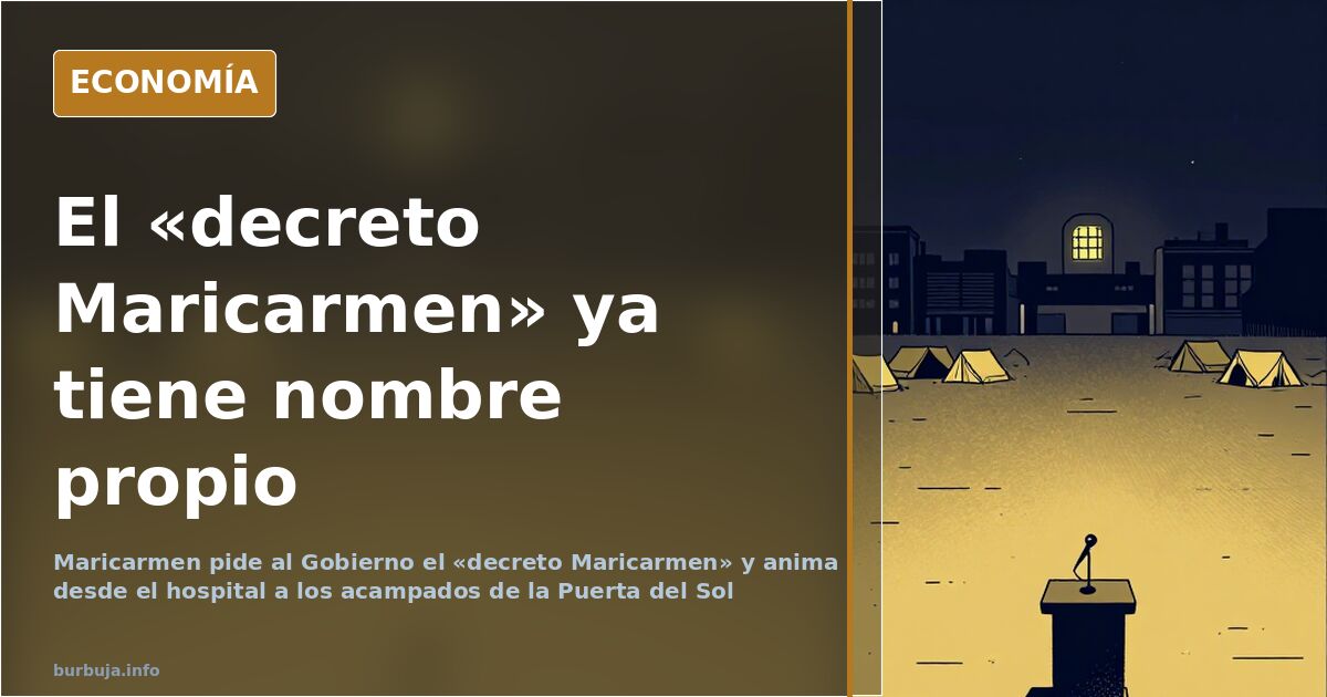 Micrófono solitario en un podio vacío ante una plaza con tiendas de campaña al fondo y una ventana de hospital iluminada