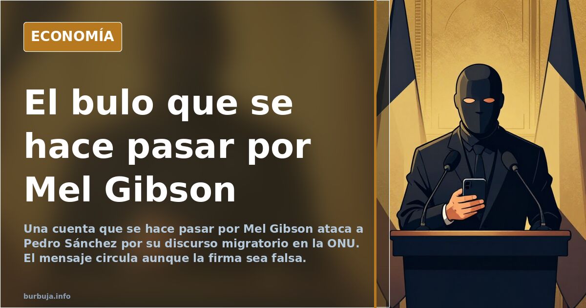 Ilustración editorial de una pantalla de red social con un sello de verificación tachado, símbolo de la cuenta falsa de Mel G