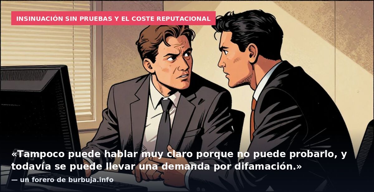 Insinuación sin pruebas y el coste reputacional: «Tampoco puede hablar muy claro porque no puede probarlo, y todavía se puede llevar una demanda por difamación.» — un forero de burbuja.info