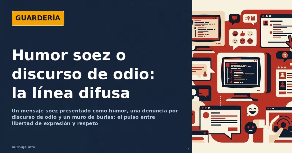 Ilustración de una conversación digital donde un chiste soez desata un choque sobre discurso de odio y libertad de expresión
