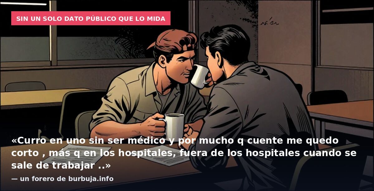 Sin un solo dato público que lo mida: «Curro en uno sin ser médico y por mucho q cuente me quedo corto , más q en los hospitales, fuera de los hospitales cuando se sale de trabajar ..» — un forero de burbuja.info