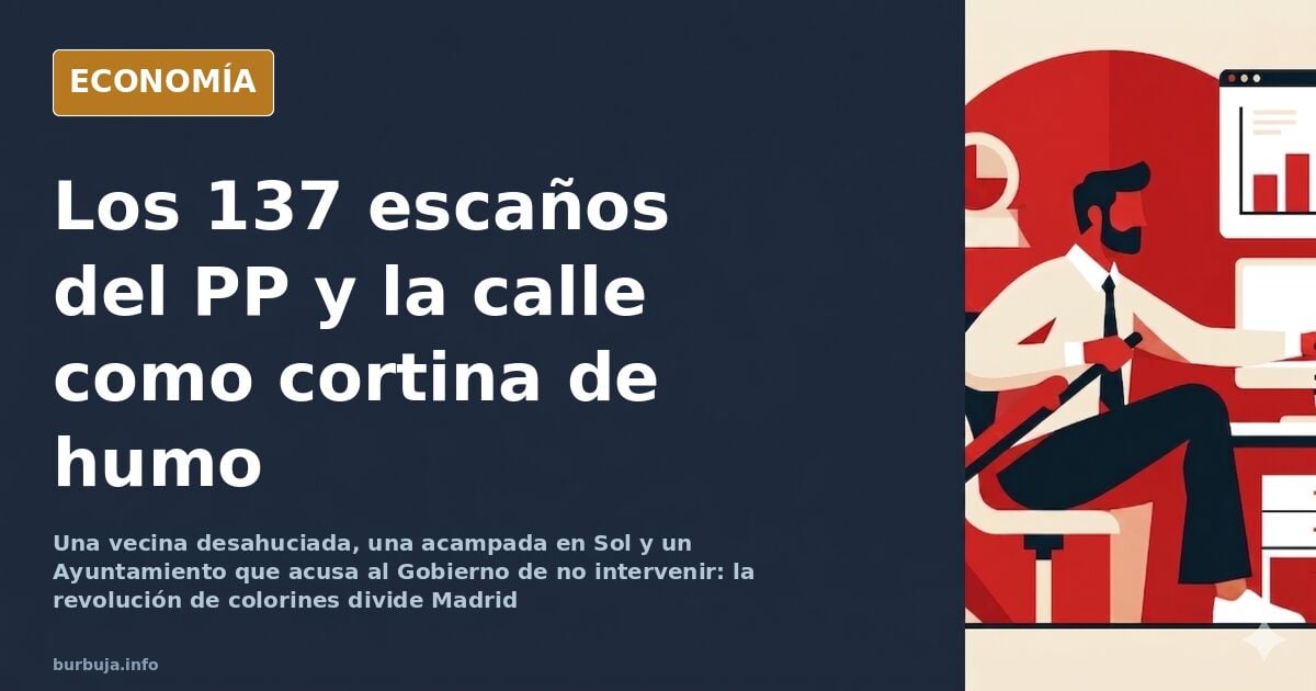 Tiendas de campaña instaladas en la Puerta del Sol de Madrid durante la acampada por la vivienda, con viandantes alrededor