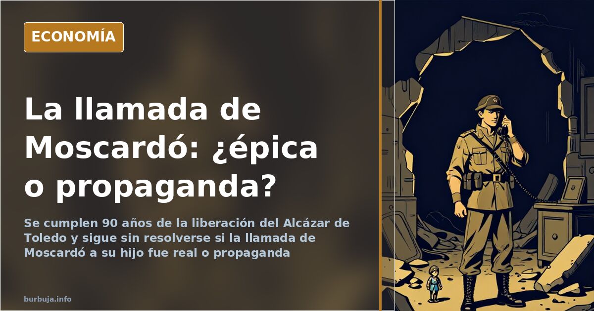 Ilustración editorial del Alcázar de Toledo con la torre en ruinas y un teléfono antiguo sobre un mapa de España