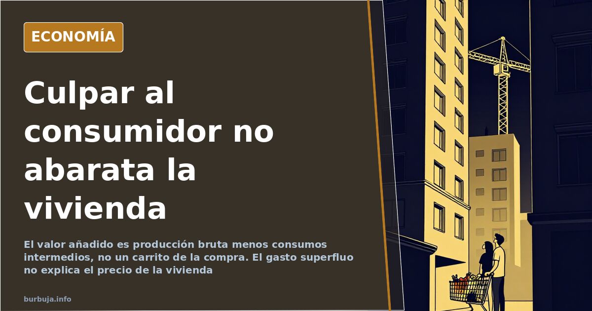 Ilustración editorial de un carrito de la compra frente a un gráfico de contabilidad nacional sobre el precio de la vivienda