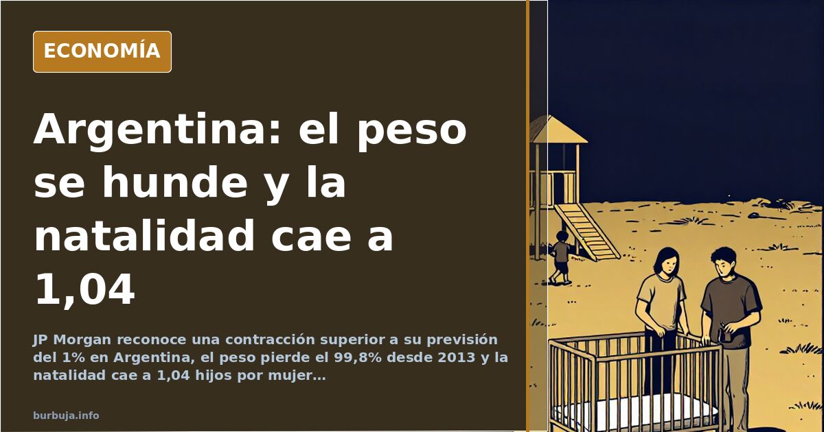 Ilustración editorial sobre la caída del peso argentino y la tasa de fecundidad de 1,04 hijos por mujer en Argentina