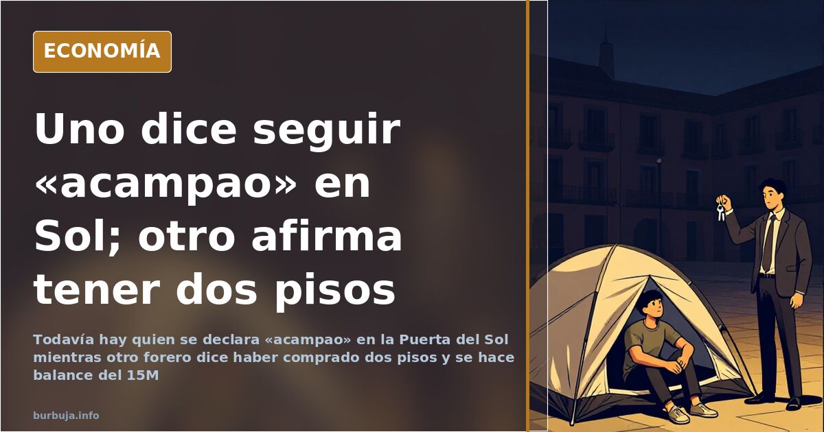 Escena ilustrada del 15M en la Puerta del Sol con tiendas de campaña y carteles reivindicativos al atardecer