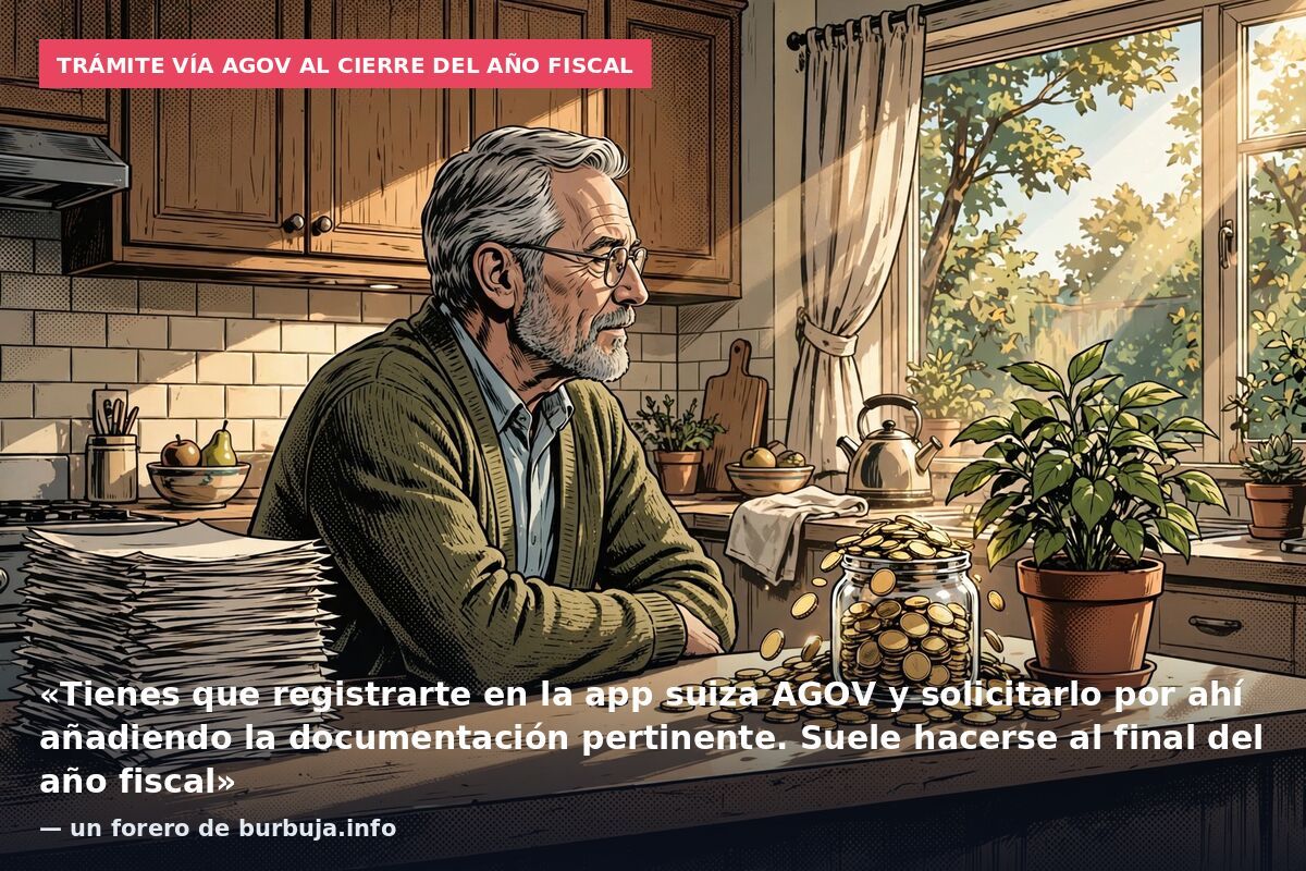 Trámite vía AGOV al cierre del año fiscal: «Tienes que registrarte en la app suiza AGOV y solicitarlo por ahí añadiendo la documentación pertinente. Suele hacerse al final del año fiscal» — un forero de burbuja.info