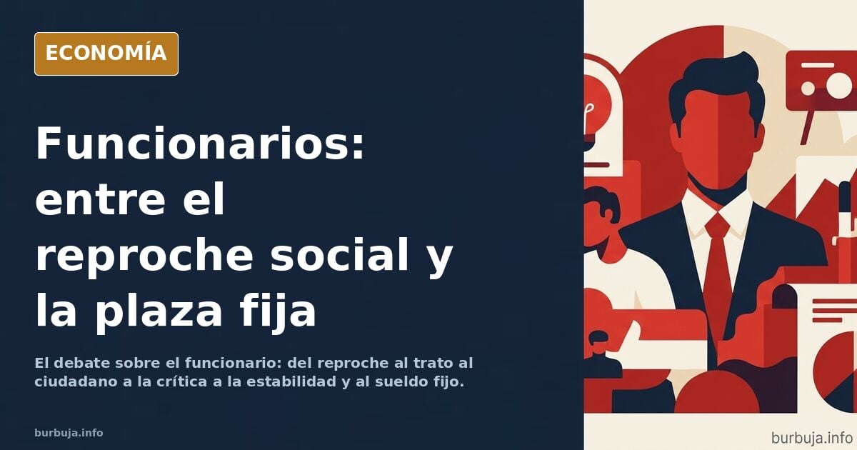 Ilustración editorial de un funcionario tras una valla metálica mientras un asalariado privado apila currículos