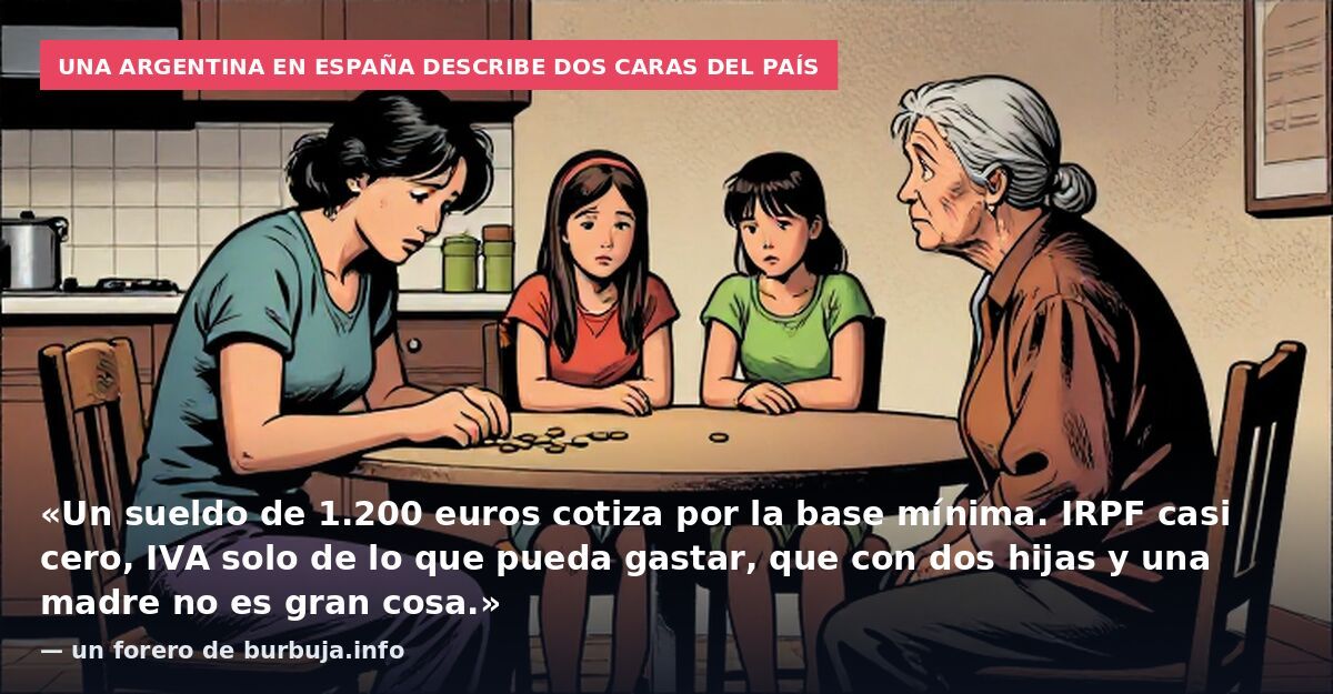 Una argentina en España describe dos caras del país: «Un sueldo de 1.200 euros cotiza por la base mínima. IRPF casi cero, IVA solo de lo que pueda gastar, que con dos hijas y una madre no es gran cosa.» — un forero de burbuja.info