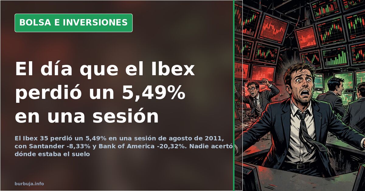 Gráfico de velas del Ibex 35 desplomándose en agosto de 2011 sobre pantalla oscura con cifras en rojo