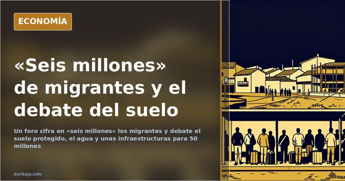 Mapa de la región de Madrid con suelo protegido y bloques de vivienda apiñados, ilustración editorial sobre migración y vivie