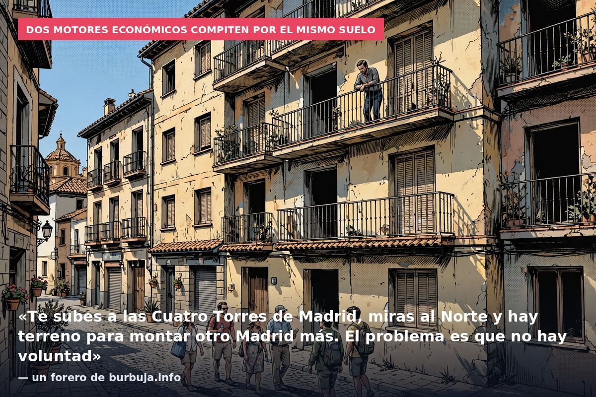 Dos motores económicos compiten por el mismo suelo: «Te subes a las Cuatro Torres de Madrid, miras al Norte y hay terreno para montar otro Madrid más. El problema es que no hay voluntad» — un forero de burbuja.info