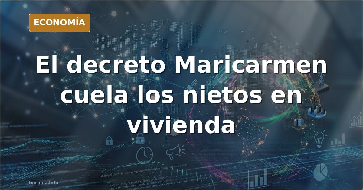 Ilustración editorial del decreto de vivienda: bloques de pisos apilados y un pliego sellado sobre una mesa, en azul marino y