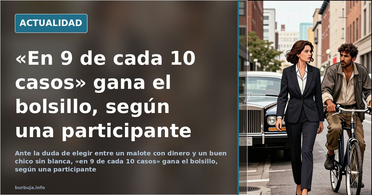 Dos siluetas masculinas frente a una mujer que duda, ilustración editorial sobre elegir pareja entre dinero y atractivo