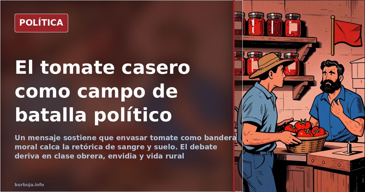 Ilustración editorial con botes de tomate casero y un teléfono móvil, símbolo del debate sobre el fascismo y la vida rural