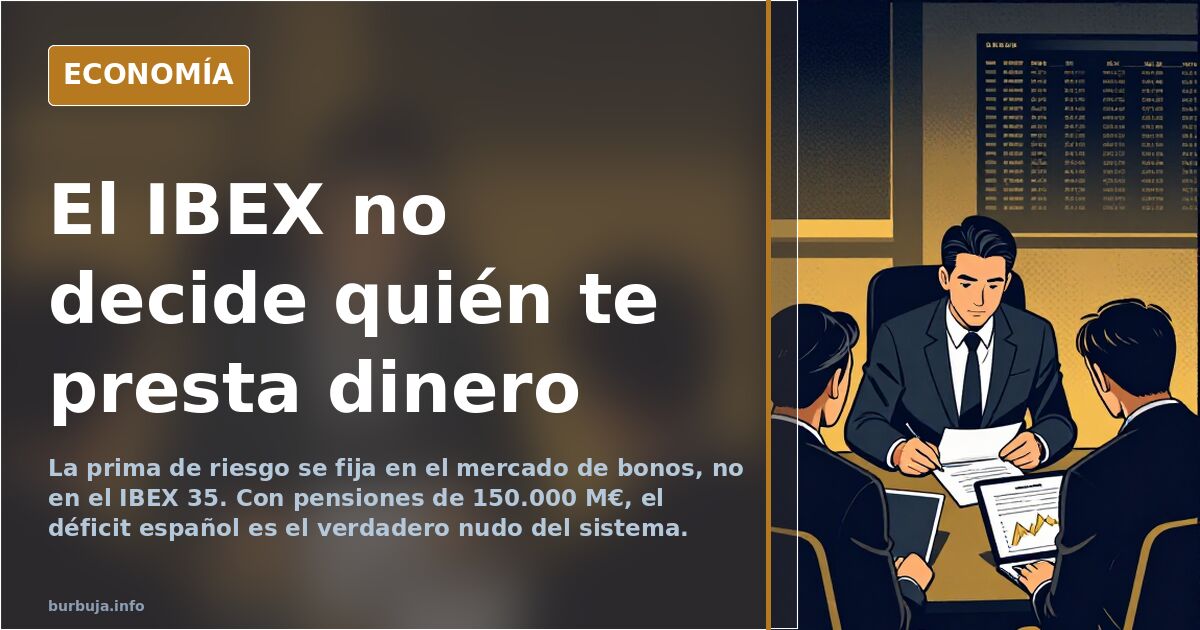 Ilustración editorial en azul marino y dorado sobre deuda pública y prima de riesgo: balanza con bonos y monedas