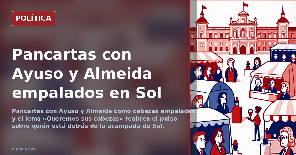 Pancartas contra Ayuso y Almeida en la acampada de Puerta del Sol, con tiendas de campaña y carteles de protesta al fondo