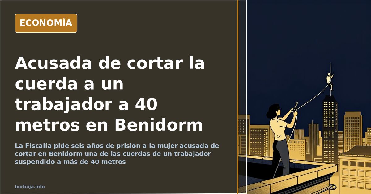 Fachada de un edificio alto de Benidorm con un albañil suspendido en trabajos verticales entre los pisos 12 y 13