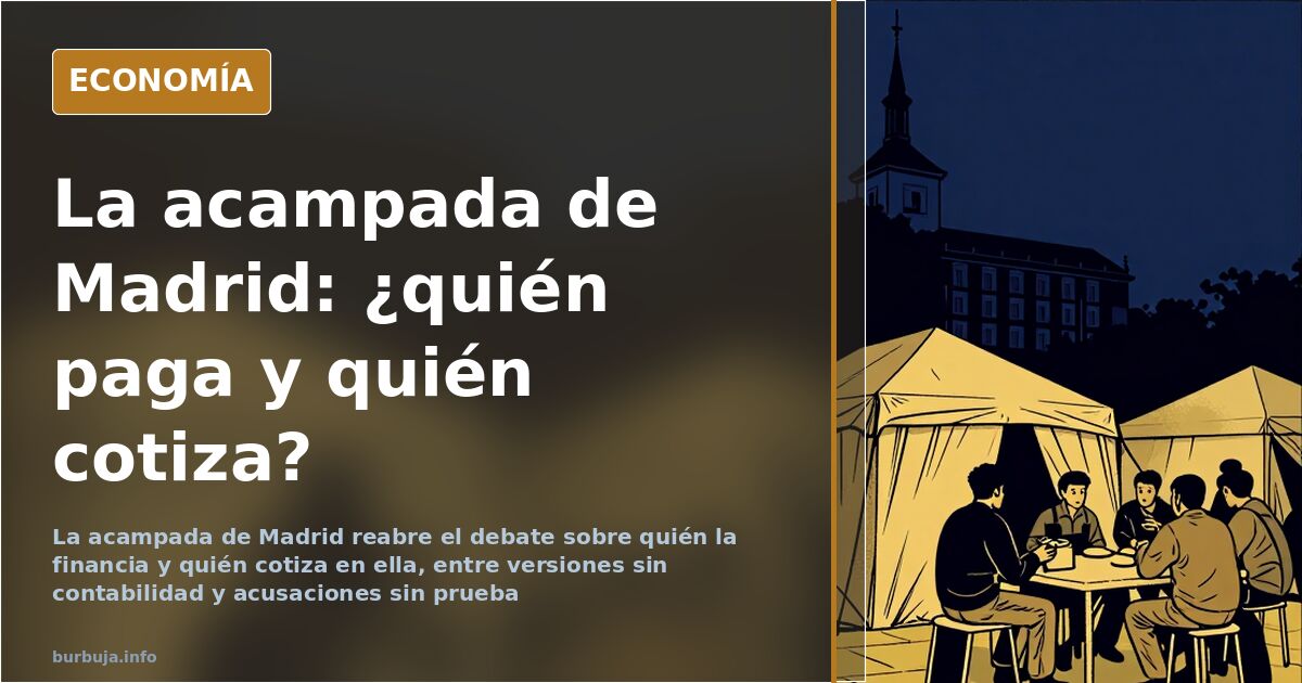 Vista de la Puerta del Sol de Madrid con tiendas de campaña de la acampada y viandantes entre grupos de manifestantes